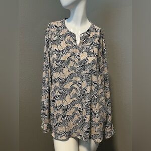 J. CREW Women’s Black /Cream Band Collar Button - Up  Zebra Print Blouse Size L